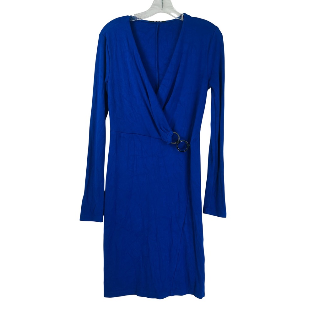 T Tahari Royal Blue Faux Wrap Long Sleeve Ring Detail Dress Small